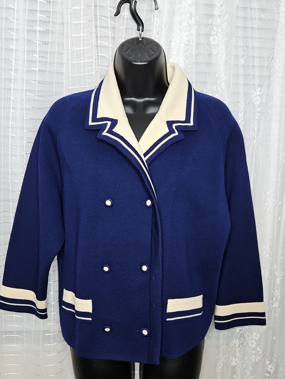 Vintage 50's 60's navy blue Pin-Up knit cardigan w/ cream sailor collar SzM